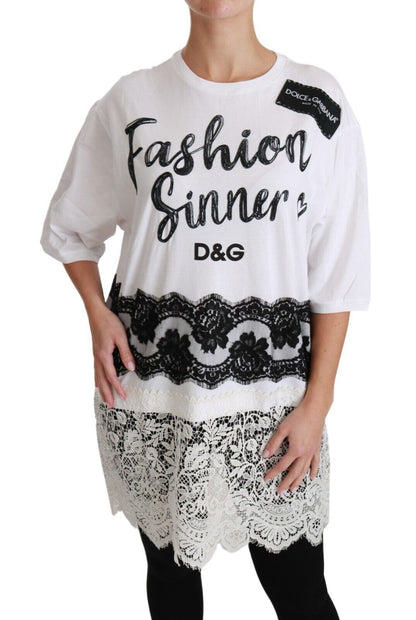 Dolce & Gabbana White Fashion Sinner Cotton Lace T-shirt Top