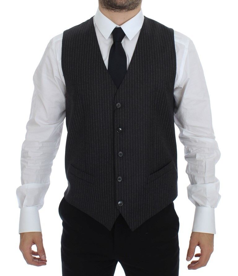 Dolce & Gabbana Gray Striped Wool Single Breasted Vest