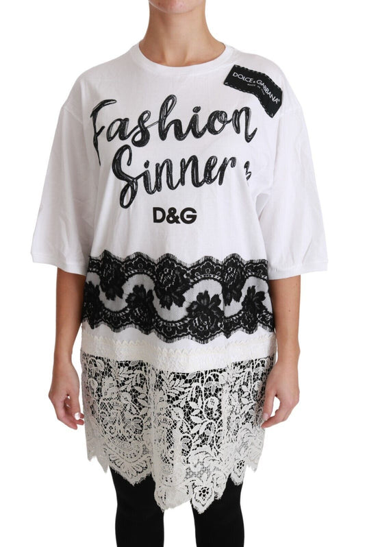 Dolce & Gabbana White Fashion Sinner Cotton Lace T-shirt Top