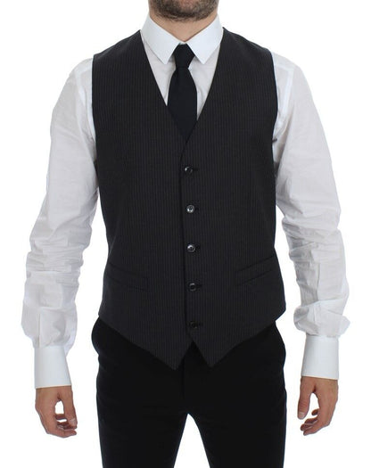 Dolce & Gabbana Gray Striped Wool Single Breasted Vest