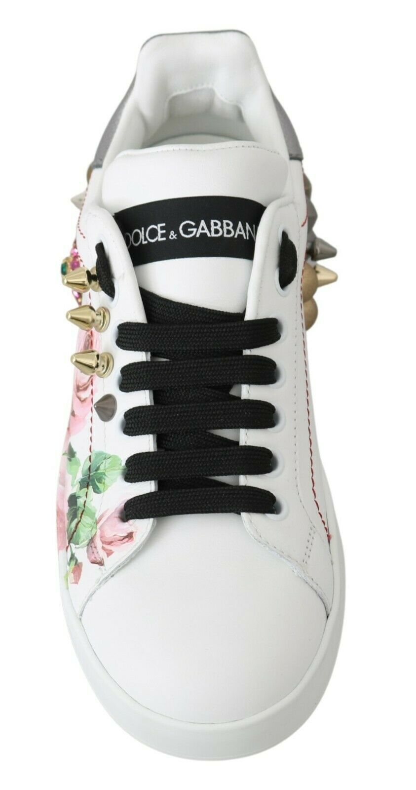 Dolce & Gabbana White Leather Crystal Roses Floral Sneakers Shoes