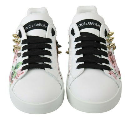 Dolce & Gabbana White Leather Crystal Roses Floral Sneakers Shoes