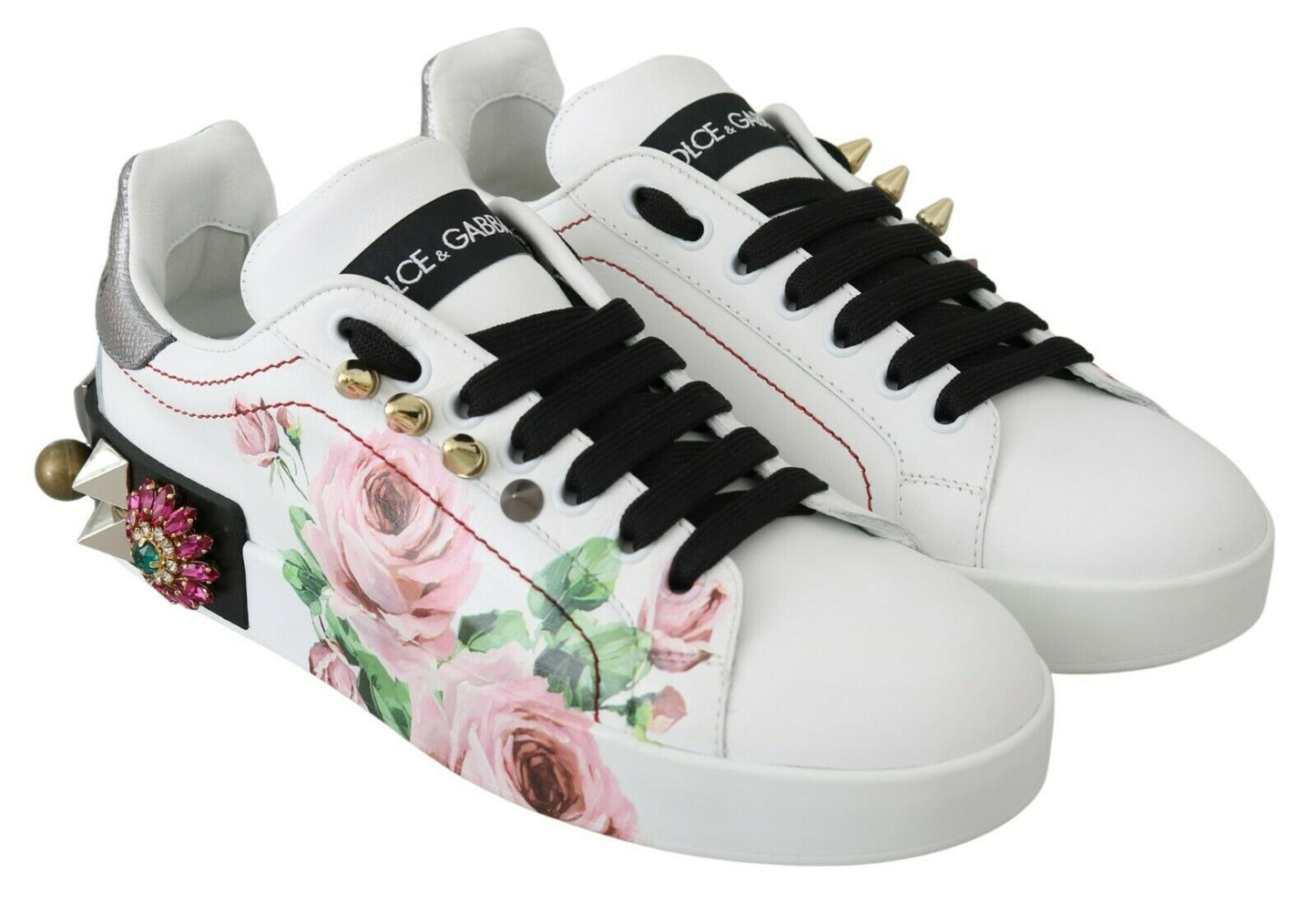 Dolce & Gabbana White Leather Crystal Roses Floral Sneakers Shoes