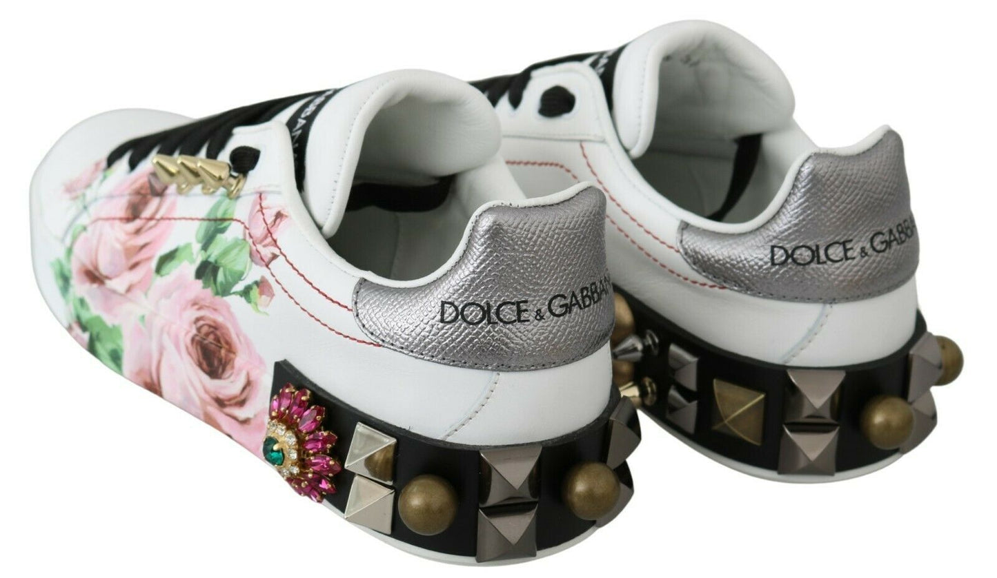 Dolce & Gabbana White Leather Crystal Roses Floral Sneakers Shoes