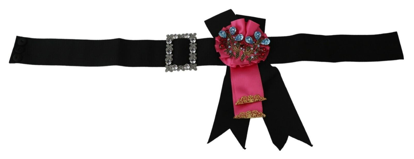 Dolce & Gabbana Black Pink Flower Brooch Crystals Cotton Belt