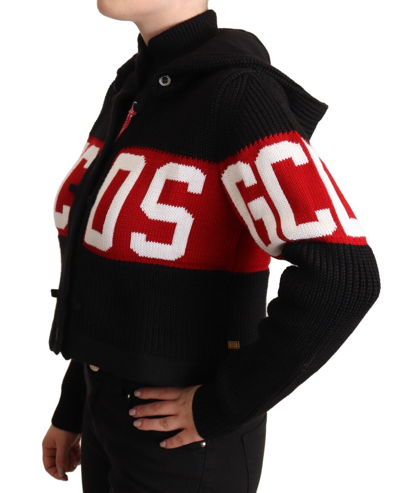 GCDS Black Cashmere Hooded Button Down Logo Cardigan Jacket