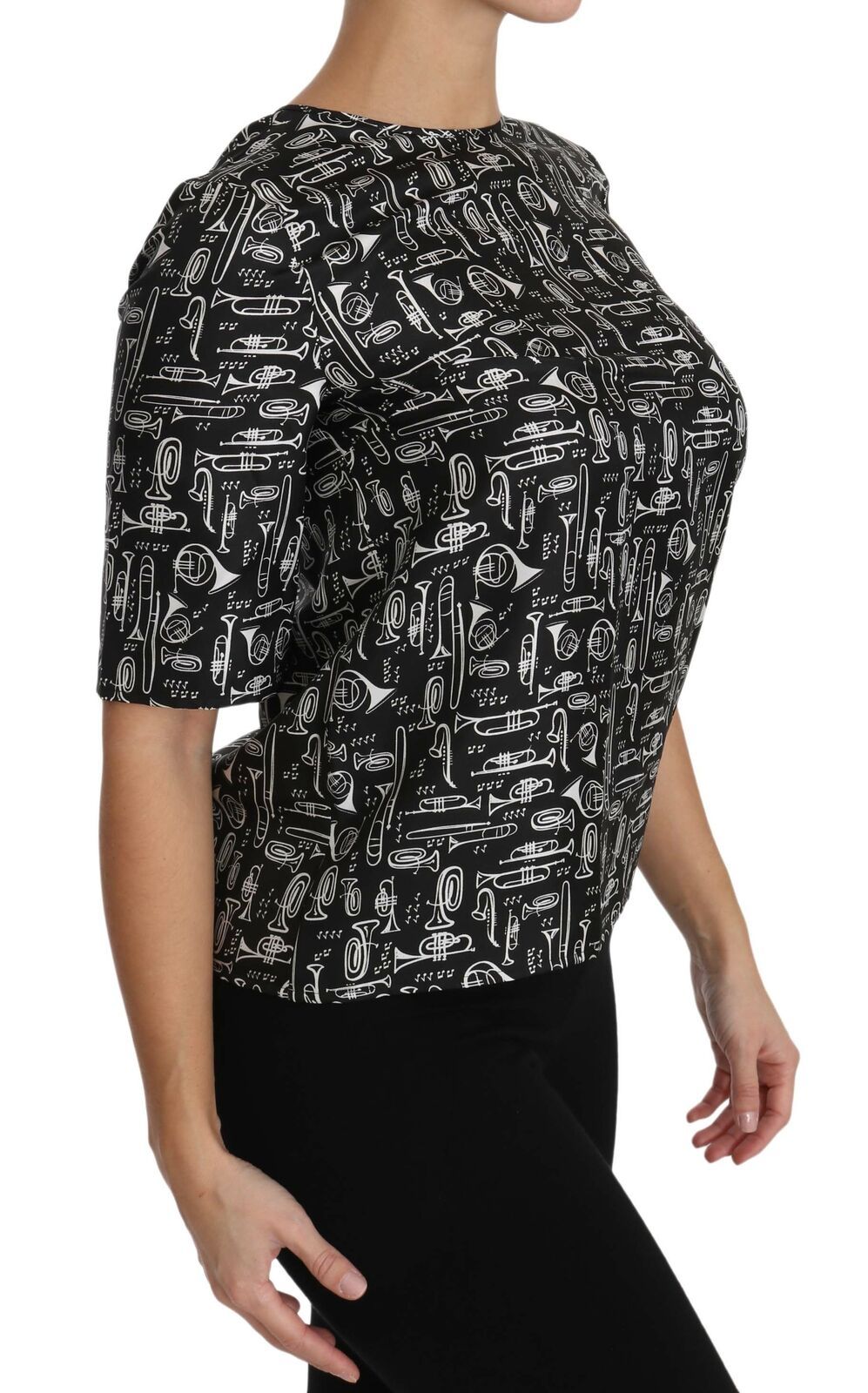 Dolce & Gabbana Black Musical Instruments Print Silk Blouse