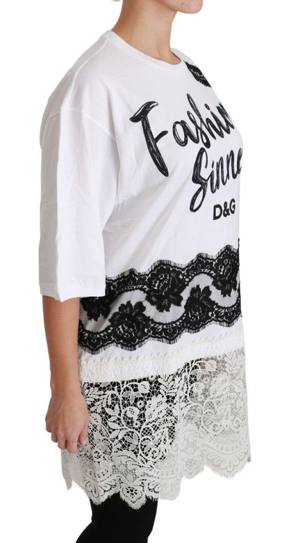 Dolce & Gabbana White Fashion Sinner Cotton Lace T-shirt Top