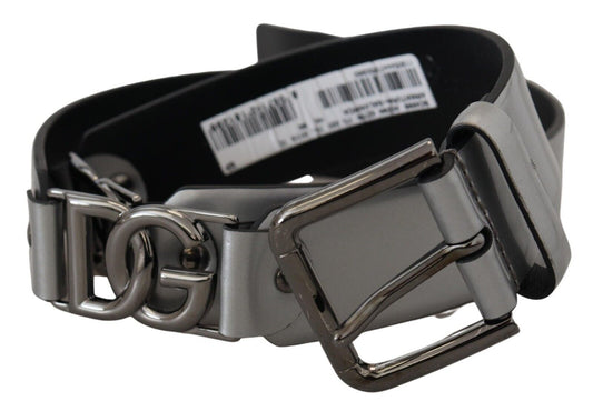 Dolce & Gabbana Chic Silver Leather Belt with Metal Buckle