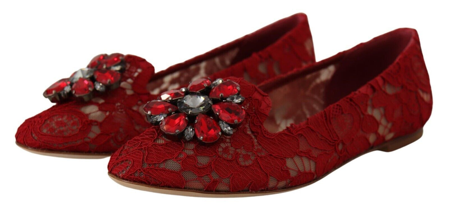 Dolce & Gabbana Radiant Red Lace Ballet Flats with Crystal Buckle