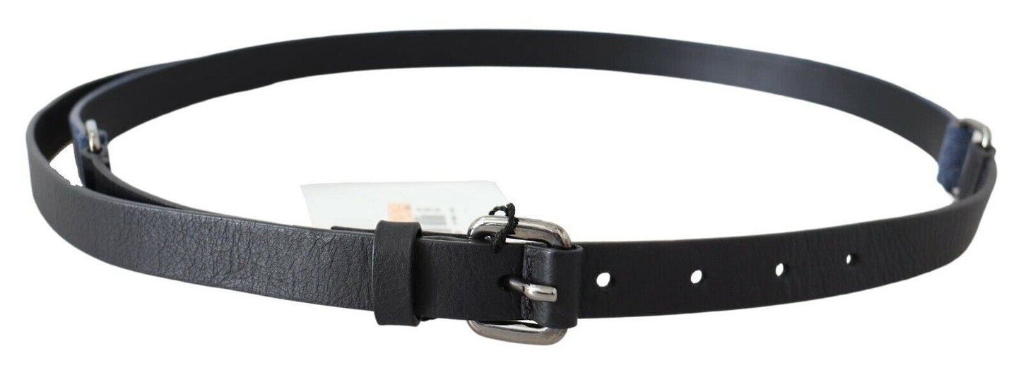 Costume National Black Blue Leather Silver Logo Belt