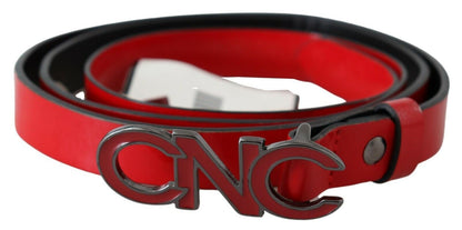 Costume National Red Black Reversible Leather Logo Buckle Belt