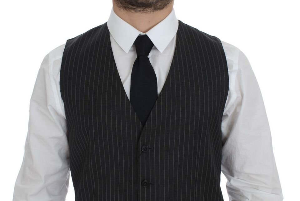 Dolce & Gabbana Gray Striped Wool Single Breasted Vest