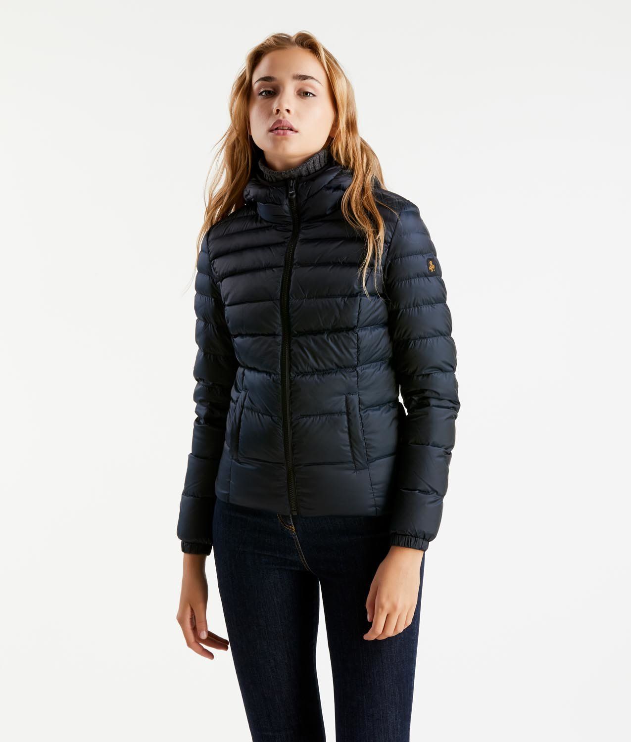 Refrigiwear Elegant Satin-Feel Down Jacket in Dark Blue