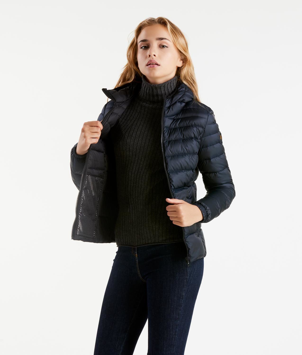 Refrigiwear Elegant Satin-Feel Down Jacket in Dark Blue
