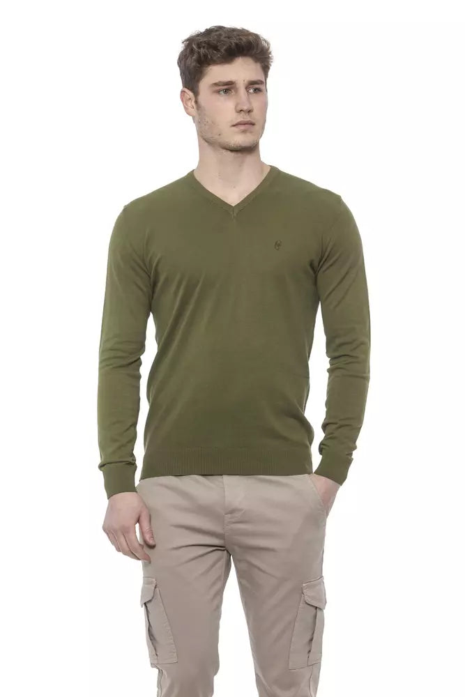 Conte of Florence Elegant V-Neck Green Cotton Sweater