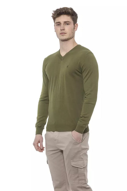 Conte of Florence Elegant V-Neck Green Cotton Sweater