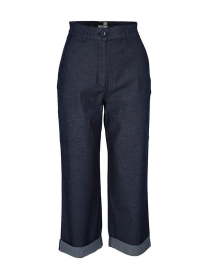 Love Moschino Chic Blue Cotton Trousers with Turn-Up Cuff