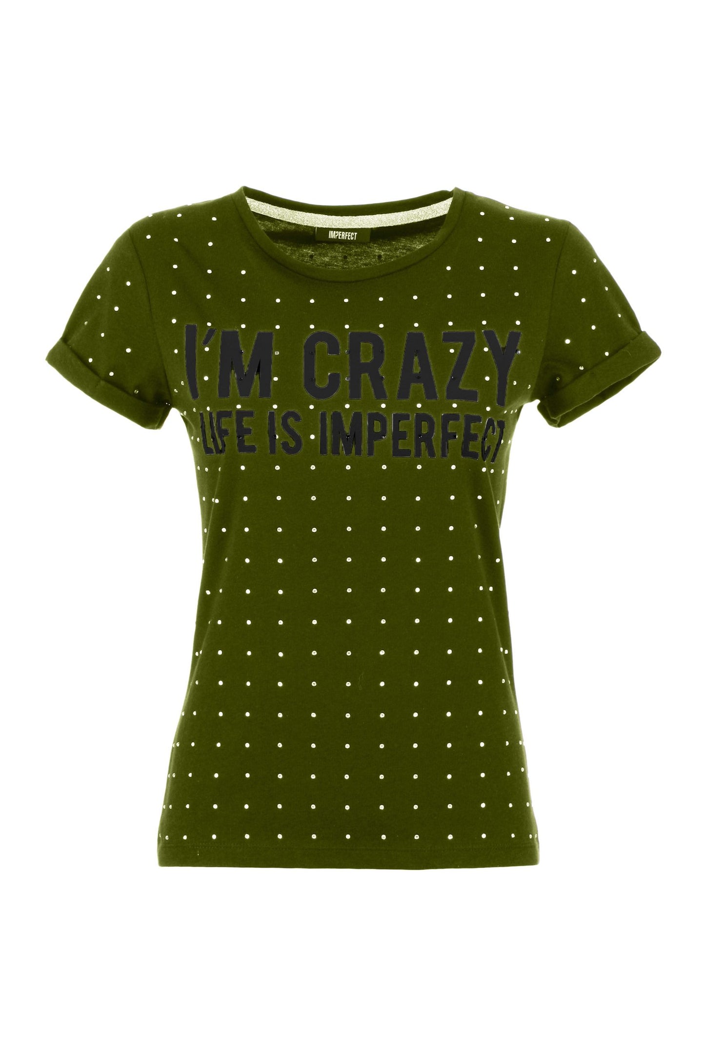 Imperfect Army Green Strass Embellished Cotton Tee