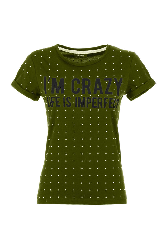 Imperfect Army Green Strass Embellished Cotton Tee
