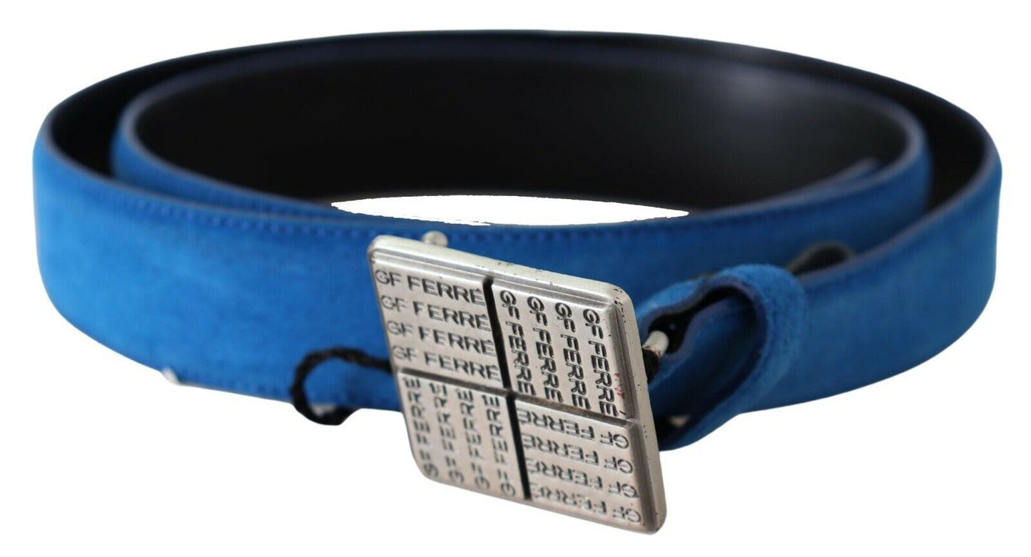 GF Ferre Blue Leather Silver Square Logo Buckle Waist Belt